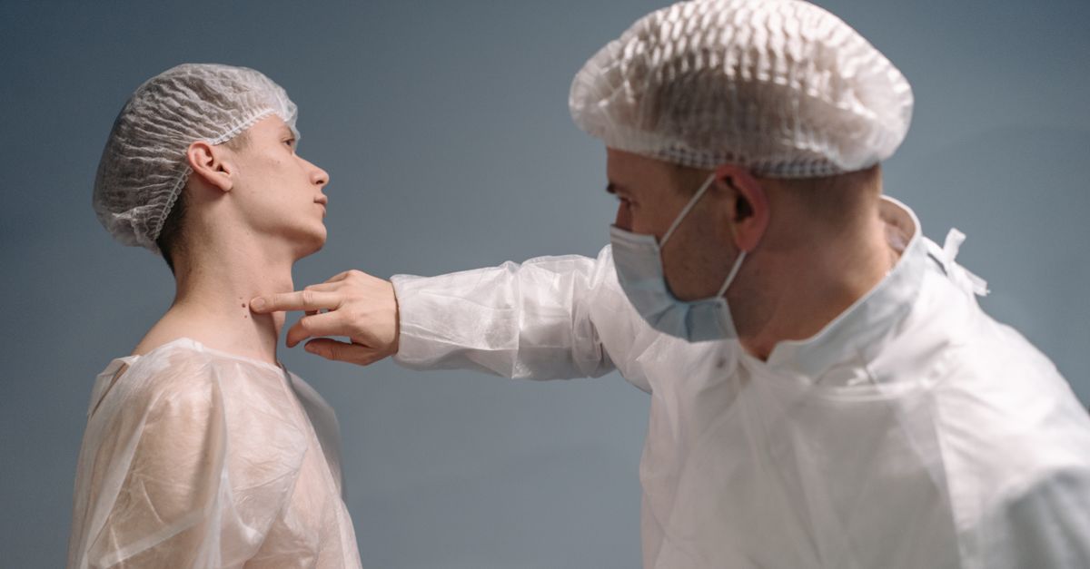 A doctor evaluates a patient's skin condition in a clinical setting with appropriate medical attire.